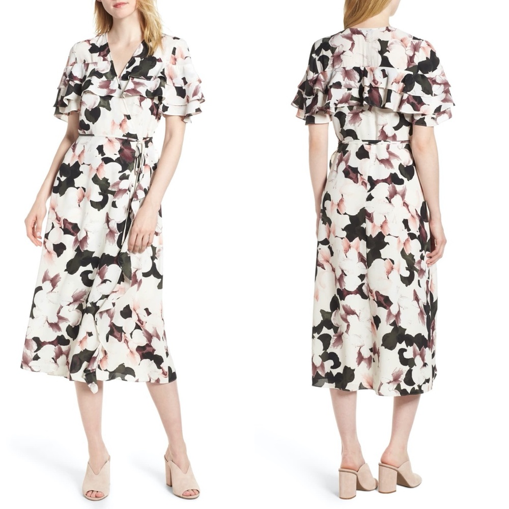 NEW 1.STATE Floral GAREDN Tiered RUFFLE Wrap TEA PARTY Midi DRESS XS